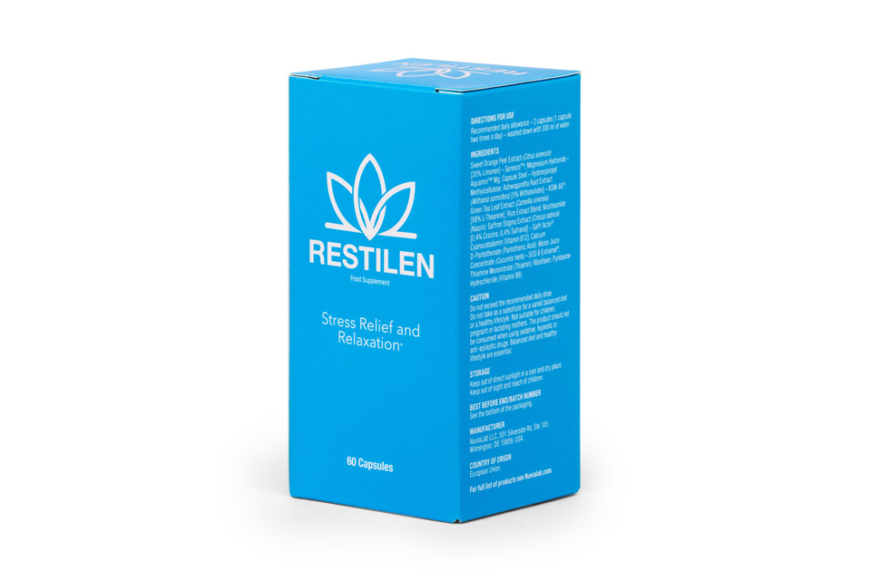 Restilen Stress Relief natural supplement bottle with adaptogen ingredients