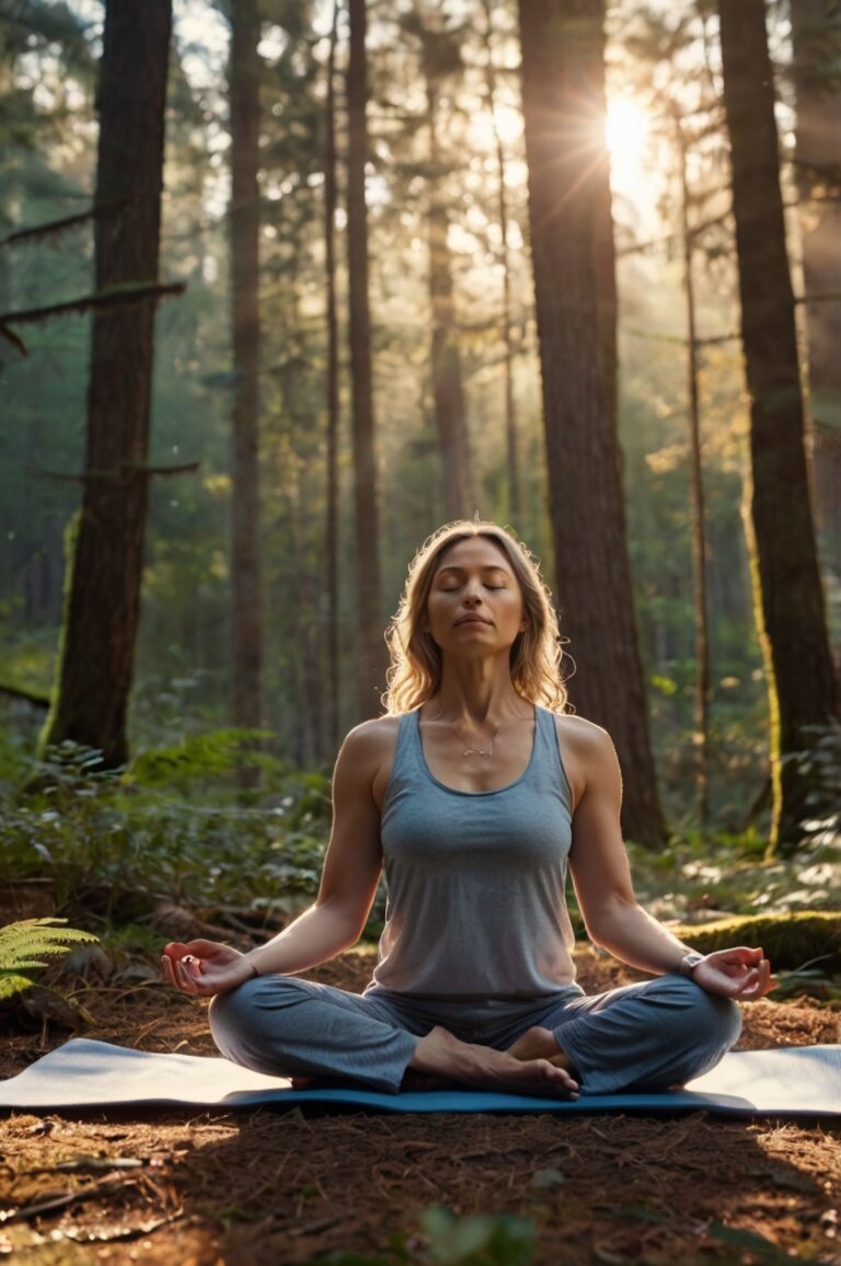 Woman meditating in nature with stress reduction methods icons overlay
